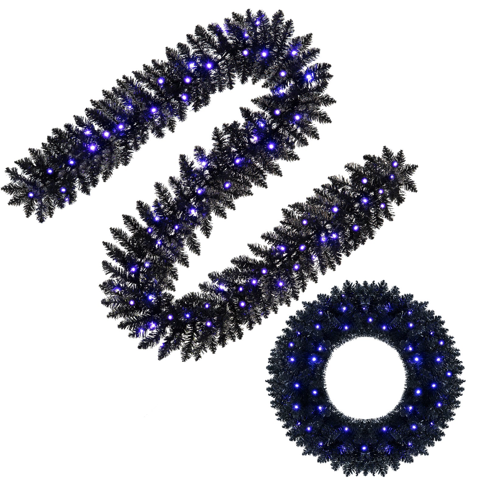 GOFLAME 24 Inch Black Wreath & 9 FT Black Garland Halloween Decoration Set